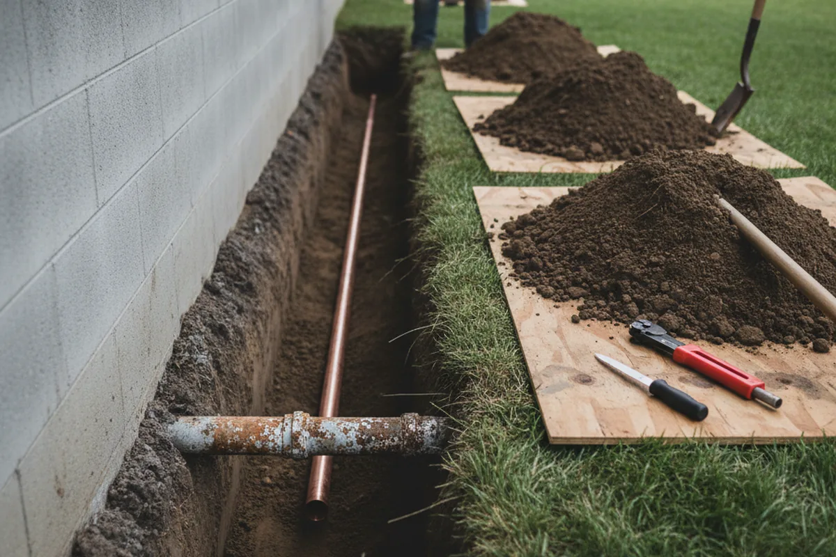 Excavated water line trench during Water Softener Installation in Sedgwick